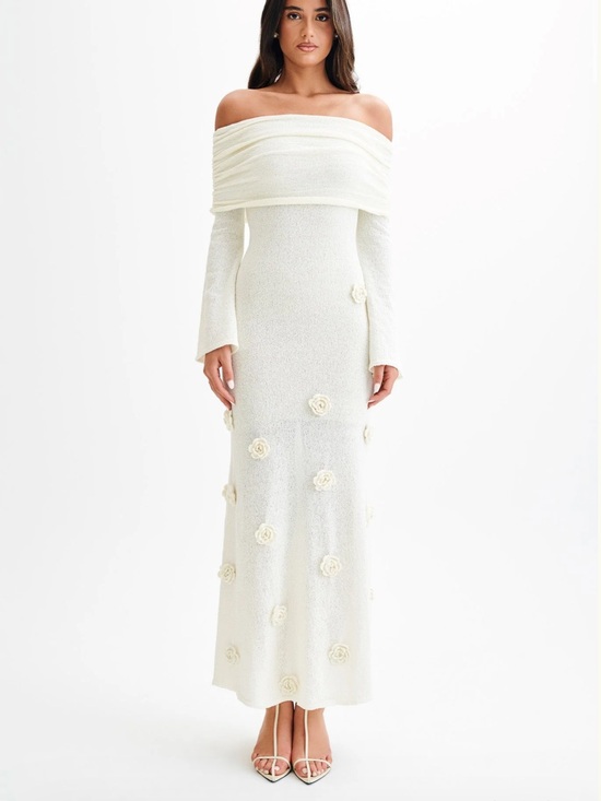 Meshki Dresses & Skirts - Meshki Off-Shoulder Ivory Maxi Dress with Floral Appliqués